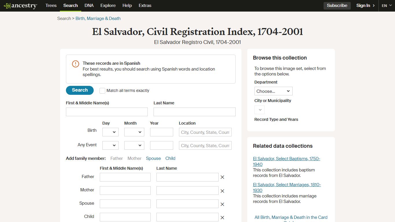 El Salvador, Civil Registration Index, 1704-2001